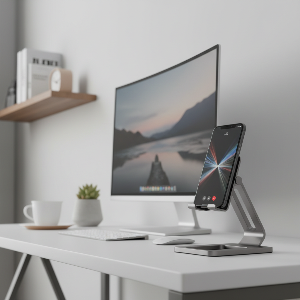 Soporte K1 minimalista con celular en escritorio moderno