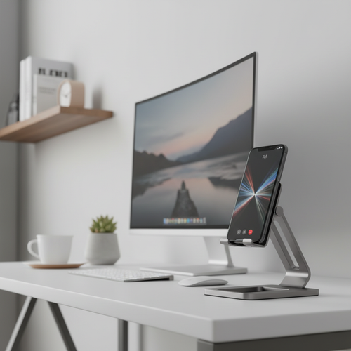 Soporte K1 minimalista con celular en escritorio moderno